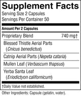 A Supplement Facts label showing a proprietary blend of 740 mg, with listed ingredients including Blessed Thistle Aerial Parts, Catnip Aerial Parts, Mullen Leaf, and Yerba Santa Leaf.