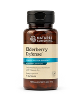 A bottle of Nature's Sunshine Elderberry D3fense dietary supplement, featuring an amber brown bottle, beige label, and black cap, shown on a clean white background.