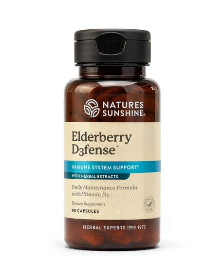 A bottle of Nature's Sunshine Elderberry D3fense dietary supplement, featuring an amber brown bottle, beige label, and black cap, shown on a clean white background.