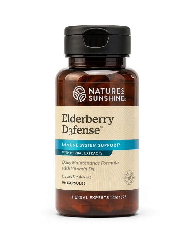 A bottle of Nature's Sunshine Elderberry D3fense dietary supplement, featuring an amber brown bottle, beige label, and black cap, shown on a clean white background.