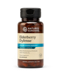 A bottle of Nature's Sunshine Elderberry D3fense dietary supplement, featuring an amber brown bottle, beige label, and black cap, shown on a clean white background.