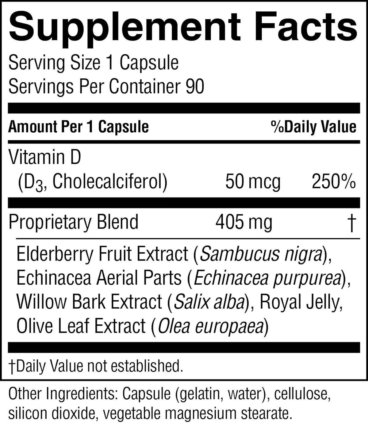 A black-and-white Supplement Facts label showing serving size 1 capsule, 90 servings per container, Vitamin D 50 mcg, and a proprietary blend of 405 mg from Elderberry Fruit Extract, Echinacea Aerial Parts, Willow Bark Extract, and Royal Jelly.