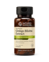 Nature's Sunshine Ginkgo Biloba Extract herbal supplement bottle with 10 tablets, featuring a dark amber bottle, black cap, and beige label with green accents.