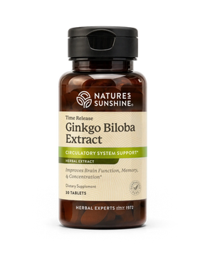 Nature's Sunshine Ginkgo Biloba Extract herbal supplement bottle with 10 tablets, featuring a dark amber bottle, black cap, and beige label with green accents.