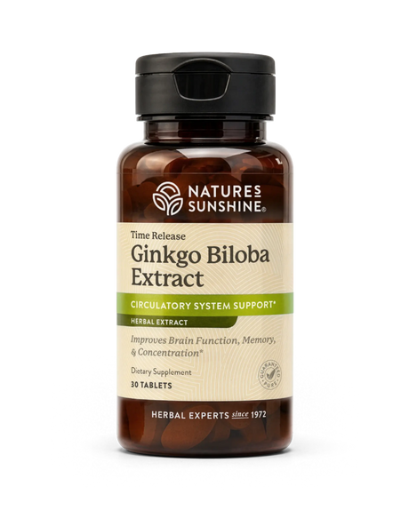 Nature's Sunshine Ginkgo Biloba Extract herbal supplement bottle with 10 tablets, featuring a dark amber bottle, black cap, and beige label with green accents.