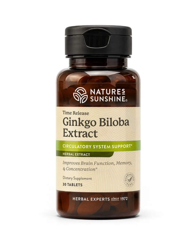 Nature's Sunshine Ginkgo Biloba Extract herbal supplement bottle with 10 tablets, featuring a dark amber bottle, black cap, and beige label with green accents.