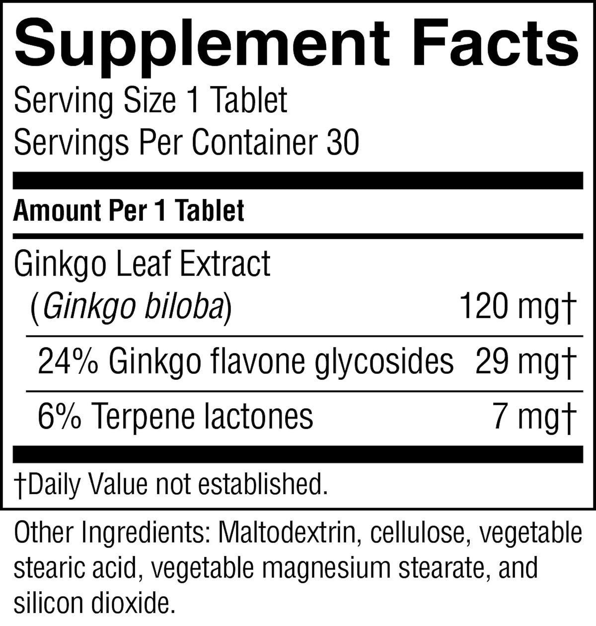 A Supplement Facts label showing Ginkgo Leaf Extract with amounts per 1 tablet, including 120 mg, 24% ginkgo flavone glycosides at 29 mg, and 6% terpene lactones at 7 mg. Other ingredients listed include maltodextrin, cellulose, vegetable stearic acid, vegetable magnesium stearate, and silicon dioxide.