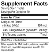 A Supplement Facts label showing Ginkgo Leaf Extract with amounts per 1 tablet, including 120 mg, 24% ginkgo flavone glycosides at 29 mg, and 6% terpene lactones at 7 mg. Other ingredients listed include maltodextrin, cellulose, vegetable stearic acid, vegetable magnesium stearate, and silicon dioxide.