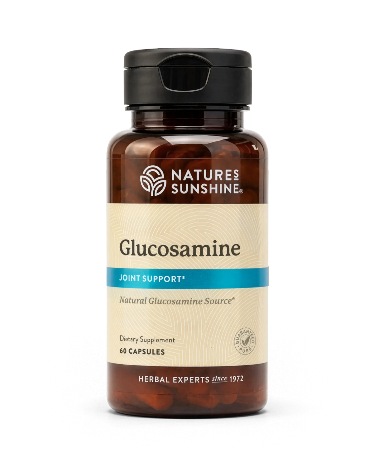 A bottle of Natures Sunshine Glucosamine Joint Support dietary supplement, containing 60 capsules, shown on a clean white background.