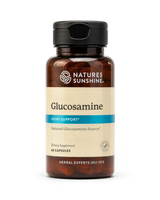 A bottle of Natures Sunshine Glucosamine Joint Support dietary supplement, containing 60 capsules, shown on a clean white background.