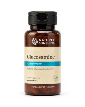 A bottle of Natures Sunshine Glucosamine Joint Support dietary supplement, containing 60 capsules, shown on a clean white background.