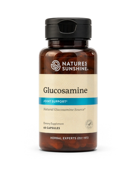 A bottle of Natures Sunshine Glucosamine Joint Support dietary supplement, containing 60 capsules, shown on a clean white background.