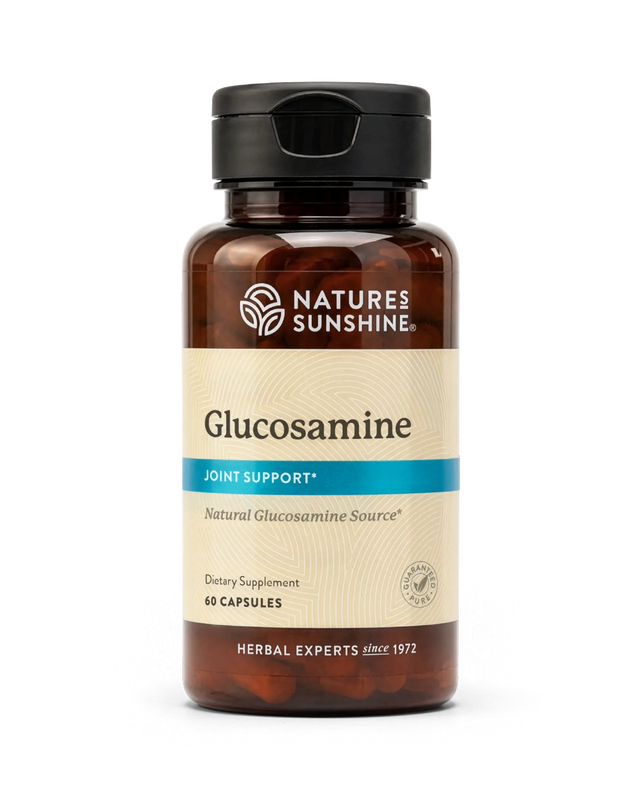 A bottle of Natures Sunshine Glucosamine Joint Support dietary supplement, containing 60 capsules, shown on a clean white background.
