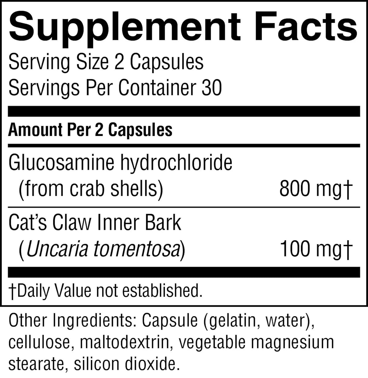 A Supplement Facts label showing Glucosamine hydrochloride from crab shells at 800 mg and Cat's Claw Inner Bark at 100 mg, with serving size 2 capsules and 30 servings per container.