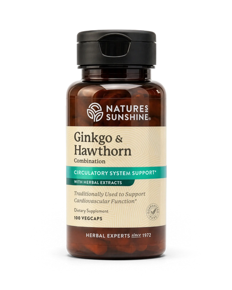 A bottle of Nature's Sunshine Ginkgo & Hawthorn Combination dietary supplement, containing 100 vegcaps, shown on a clean white background.
