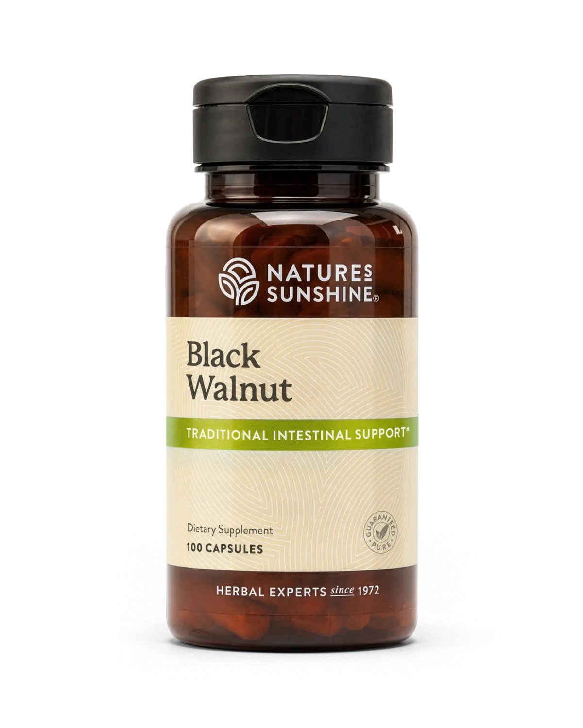 A bottle of Nature's Sunshine Black Walnut dietary supplement capsules, featuring an amber brown bottle, black cap, and a beige label with green accents.