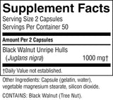 A black and white Supplement Facts label showing details for Black Walnut Unripe Hulls (Juglans nigra) at 1000 mg, with serving size of 2 capsules and 50 servings per container.