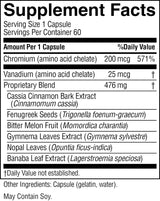A black-and-white Supplement Facts label showing a capsule supplement's ingredients and daily value information, including Chromium, Vanadium, and Proprietary Blend.