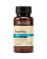A bottle of Nature's Sunshine SugarReg Glandular System Support dietary supplement, featuring an amber brown bottle, black cap, and beige label with blue accents.