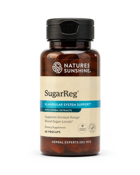 A bottle of Nature's Sunshine SugarReg Glandular System Support dietary supplement, featuring an amber brown bottle, black cap, and beige label with blue accents.