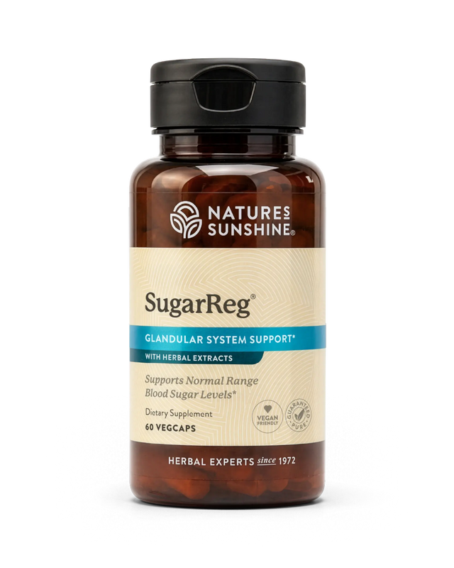 A bottle of Nature's Sunshine SugarReg Glandular System Support dietary supplement, featuring an amber brown bottle, black cap, and beige label with blue accents.