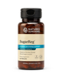 A bottle of Nature's Sunshine SugarReg Glandular System Support dietary supplement, featuring an amber brown bottle, black cap, and beige label with blue accents.