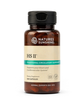 A bottle of Nature's Sunshine HS II Traditional Circulatory Support dietary supplement, containing 100 capsules, on a clean white background.