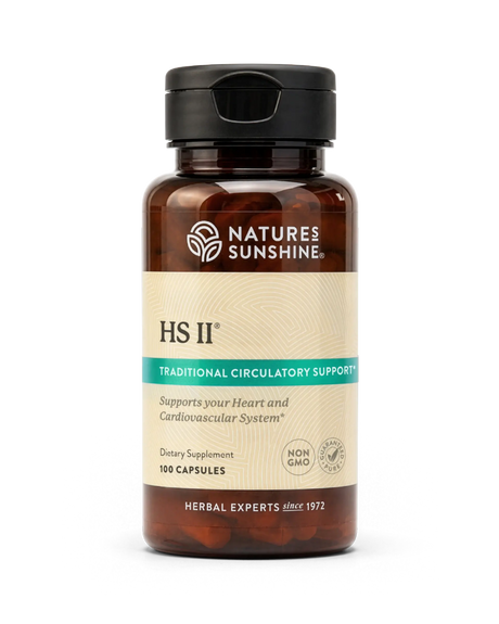 A bottle of Nature's Sunshine HS II Traditional Circulatory Support dietary supplement, containing 100 capsules, on a clean white background.