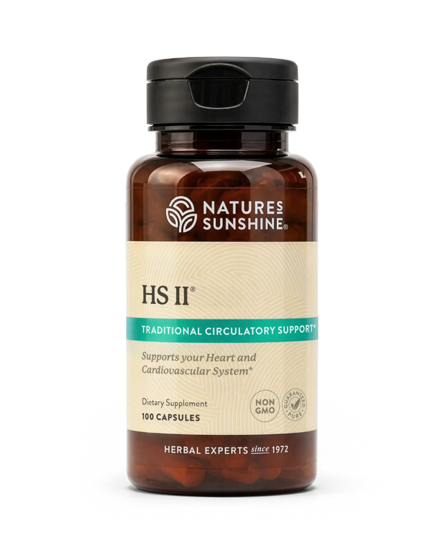 A bottle of Nature's Sunshine HS II Traditional Circulatory Support dietary supplement, containing 100 capsules, on a clean white background.