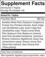 A close-up of a supplement facts label for VegCap, showing the supplement blend ingredients including Dandelion, Assam Indigo Leaf, and Scute Root.