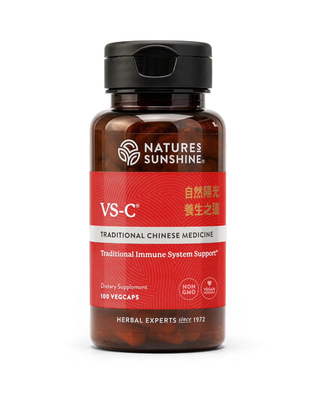 A bottle of Natures Sunshine VS-C Traditional Chinese Medicine dietary supplement, featuring a dark amber brown bottle, a black cap, and a red label with white and gold text, set against a plain white background.