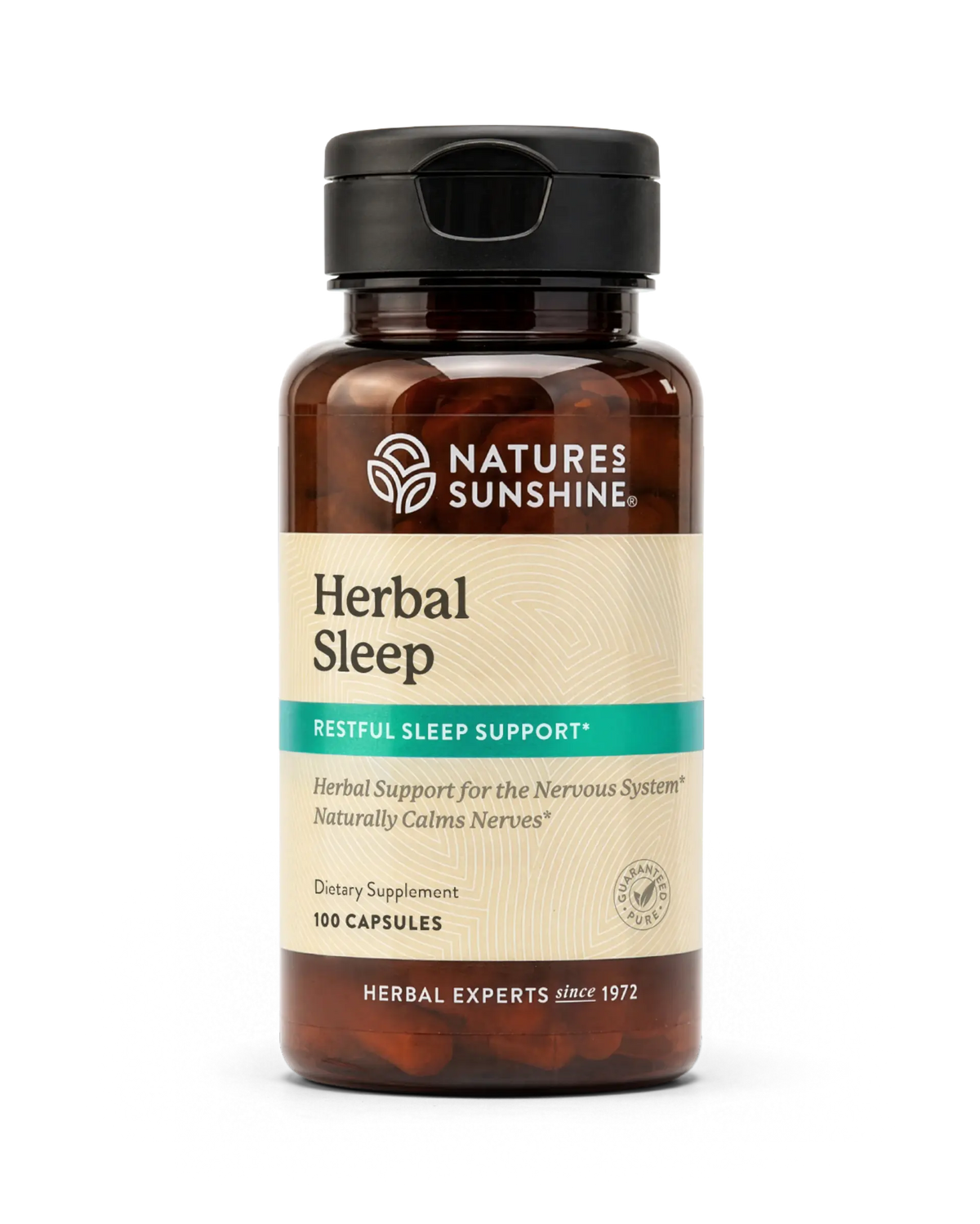 A bottle of Nature's Sunshine Herbal Sleep dietary supplement with a black cap and amber brown bottle, on a white background.