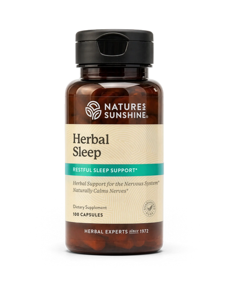 A bottle of Nature's Sunshine Herbal Sleep dietary supplement with a black cap and amber brown bottle, on a white background.