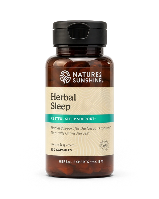 A bottle of Nature's Sunshine Herbal Sleep dietary supplement with a black cap and amber brown bottle, on a white background.