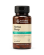 A bottle of Nature's Sunshine Herbal Sleep dietary supplement with a black cap and amber brown bottle, on a white background.