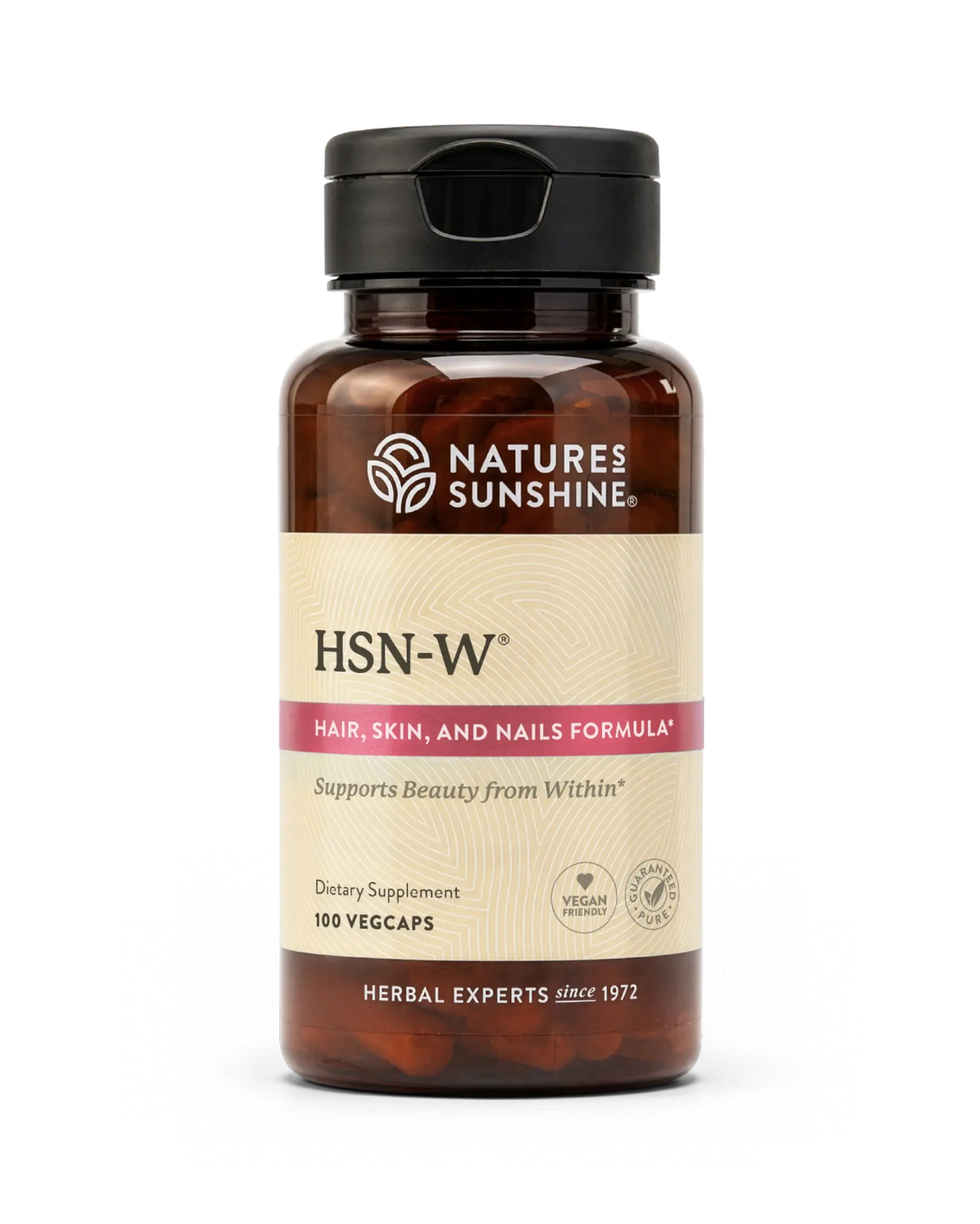 A bottle of Nature's Sunshine HSN-W Hair, Skin, and Nails Formula dietary supplement, containing 100 vegcaps, shown on a clean white background.