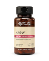 A bottle of Nature's Sunshine HSN-W Hair, Skin, and Nails Formula dietary supplement, containing 100 vegcaps, shown on a clean white background.