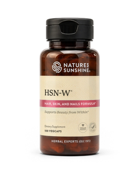 A bottle of Nature's Sunshine HSN-W Hair, Skin, and Nails Formula dietary supplement, containing 100 vegcaps, shown on a clean white background.