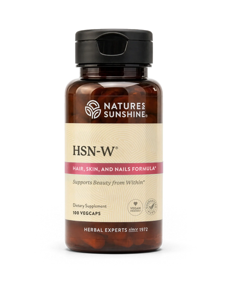 A bottle of Nature's Sunshine HSN-W Hair, Skin, and Nails Formula dietary supplement, containing 100 vegcaps, shown on a clean white background.
