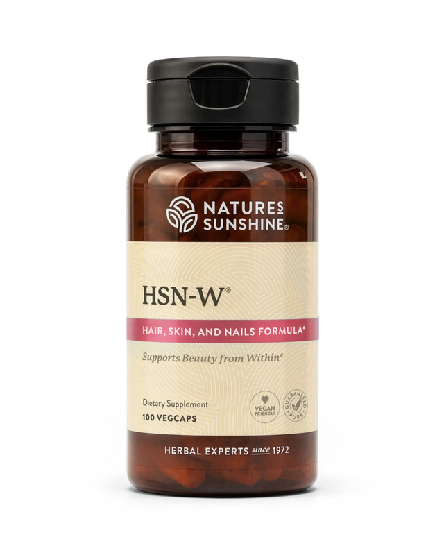 A bottle of Nature's Sunshine HSN-W Hair, Skin, and Nails Formula dietary supplement, containing 100 vegcaps, shown on a clean white background.