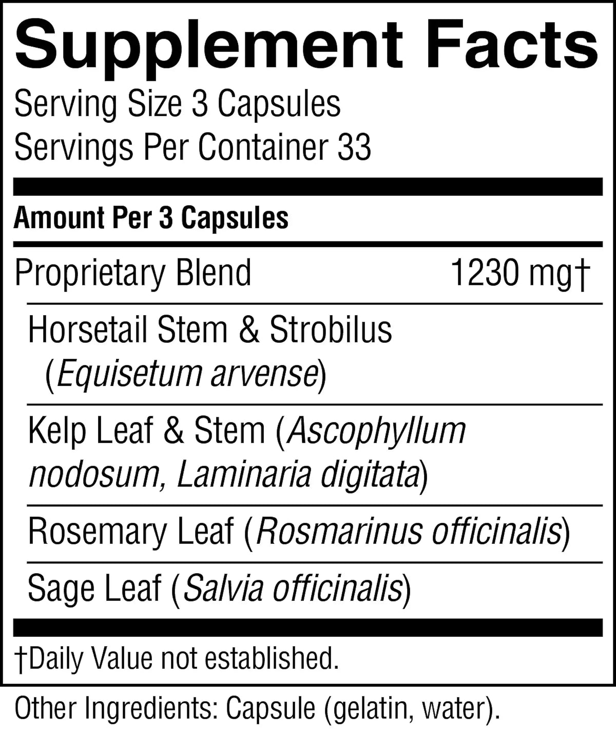 A close-up of a supplement facts label showing serving size 3 capsules, servings per container 33, and a proprietary blend of 1230 mg with listed ingredients including horsetail stem & strobilus, kelp leaf & stem, rosemary leaf, and sage leaf.