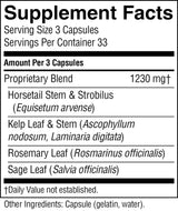 A close-up of a supplement facts label showing serving size 3 capsules, servings per container 33, and a proprietary blend of 1230 mg with listed ingredients including horsetail stem & strobilus, kelp leaf & stem, rosemary leaf, and sage leaf.