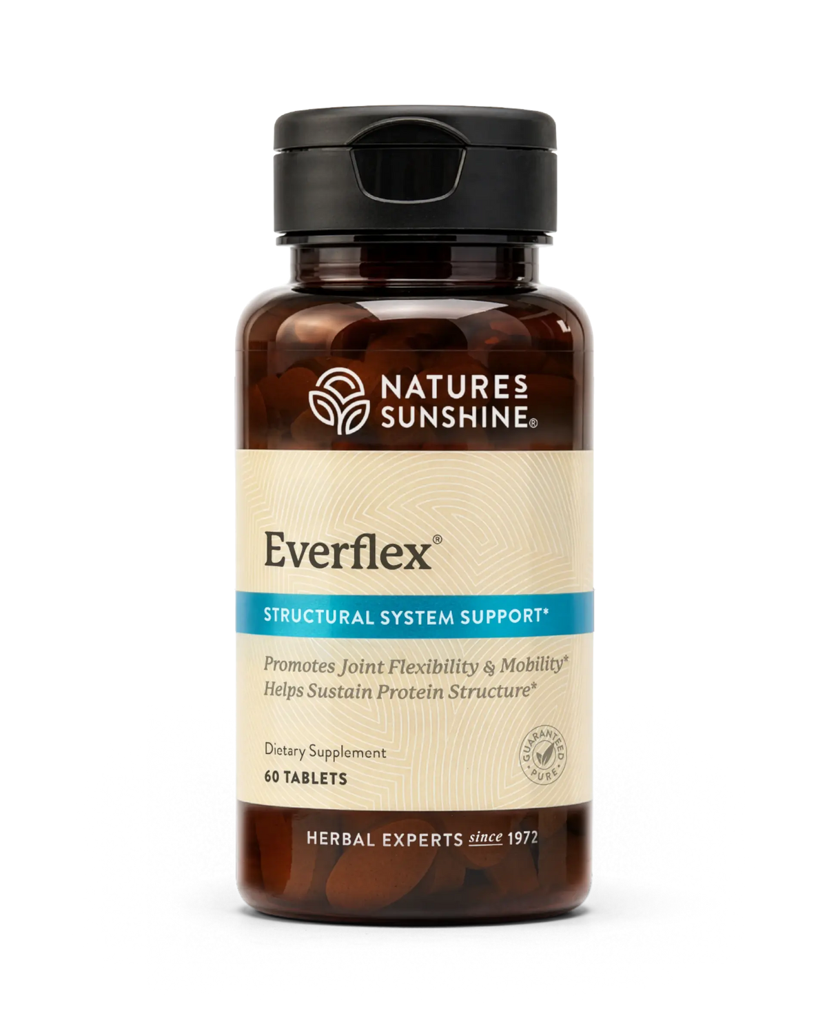A bottle of Nature's Sunshine Everflex Structural System Support dietary supplement, containing 60 tablets, on a clean white background.