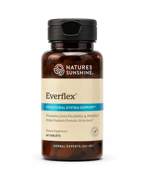 A bottle of Nature's Sunshine Everflex Structural System Support dietary supplement, containing 60 tablets, on a clean white background.