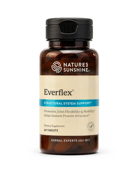 A bottle of Nature's Sunshine Everflex Structural System Support dietary supplement, containing 60 tablets, on a clean white background.