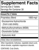 A black-and-white Supplement Facts label showing a proprietary blend of 1800 mg, glucosamine hydrochloride from crab shells, methylsulfonylmethane (MSM), chondroitin sulfate, and hyaluronic acid, with other ingredients listed at the bottom.