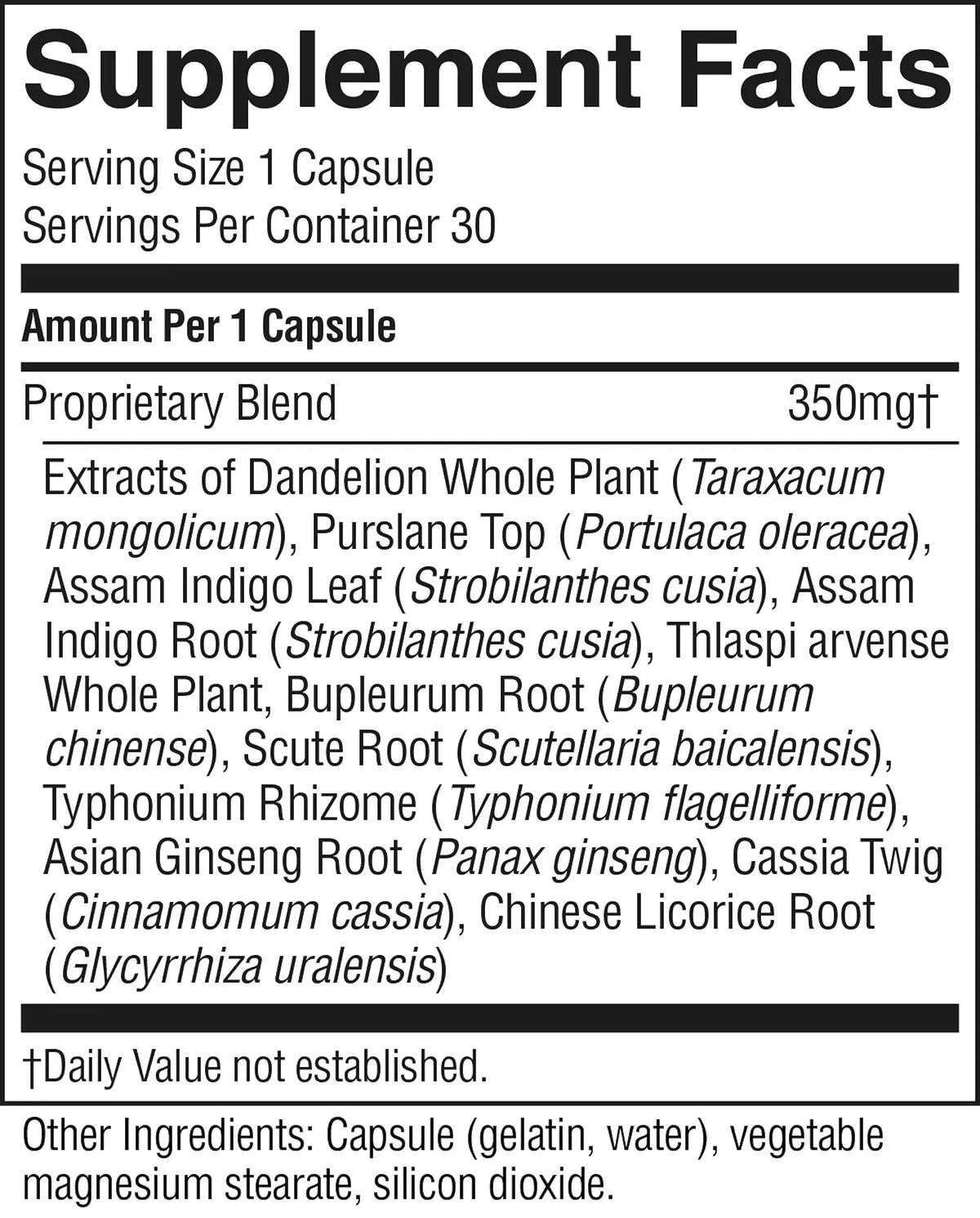 A close-up of a supplement facts label showing serving size 1 capsule, servings per container 30, and a list of ingredients including dandelion, purslane top, assam indigo leaf, assam indigo root, thlaspi arvense, bupleurum root, scutellaria baicalensis, typhonium rhizome, asian ginseng root, cassia twig, and chinese licorice root.
