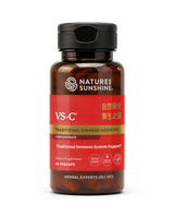 A bottle of Natures Sunshine VS-C Traditional Chinese Medicine dietary supplement, featuring a dark amber brown bottle, a black flip-top cap, and a red label with gold and white text.