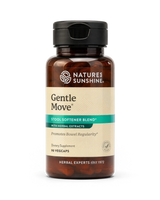 A bottle of Nature's Sunshine Gentle Move Stool Softener Blend dietary supplement, featuring an amber brown bottle, black cap, and a beige label with a teal accent band.