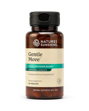 A bottle of Nature's Sunshine Gentle Move Stool Softener Blend dietary supplement, featuring an amber brown bottle, black cap, and a beige label with a teal accent band.